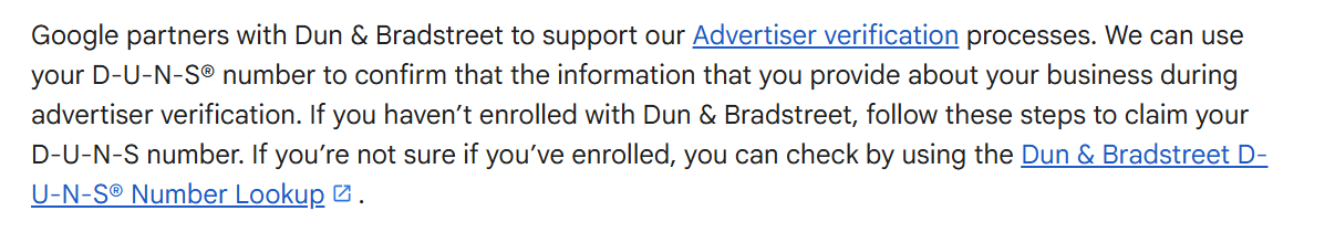 You need a DUNS number to pass the verification process