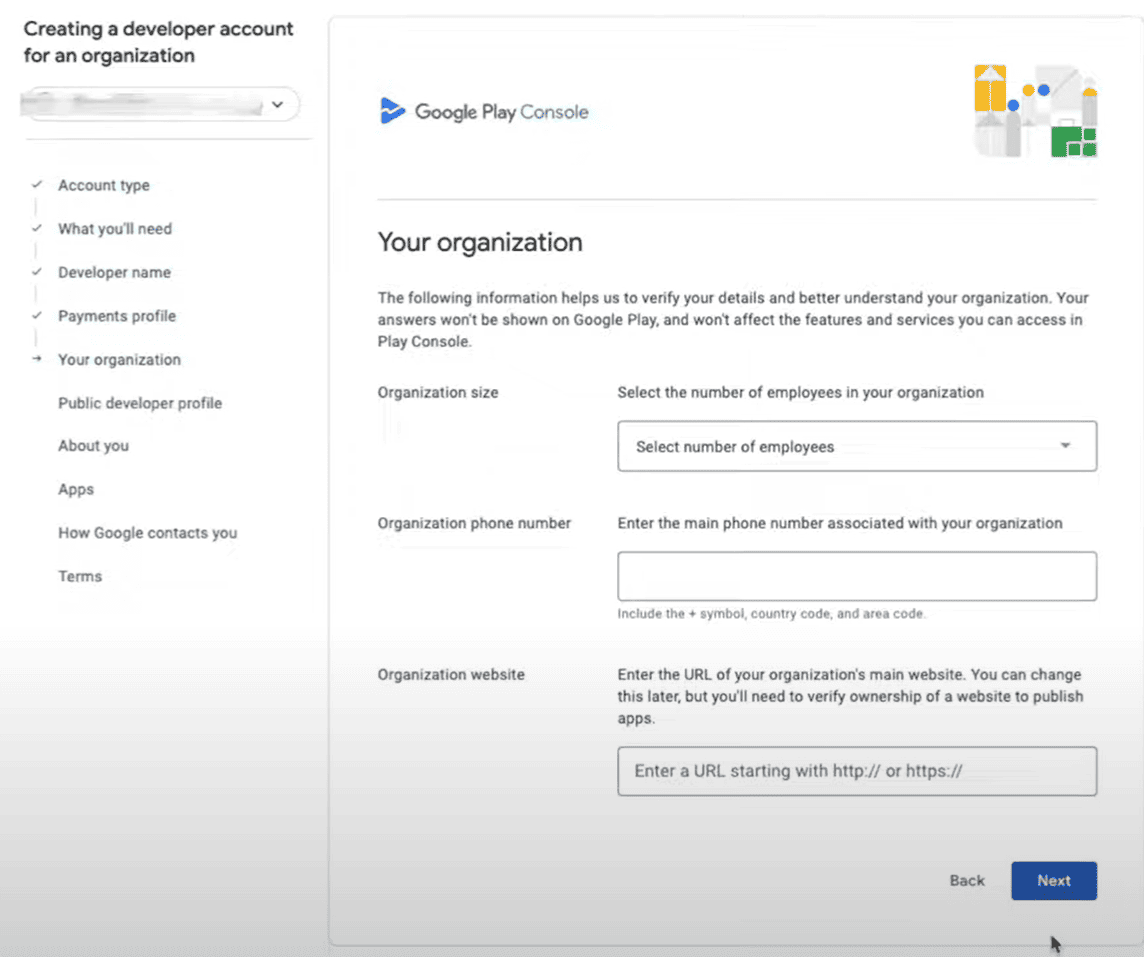 Creating a developer account for an organization