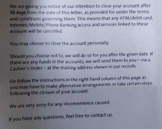 Account freeze notice from OCBC