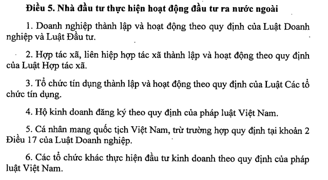 Điều 5 Nghị định 103/2026/NĐ-CP quy định các chủ thể được thực hiện hoạt động đầu tư ra nước ngoài.