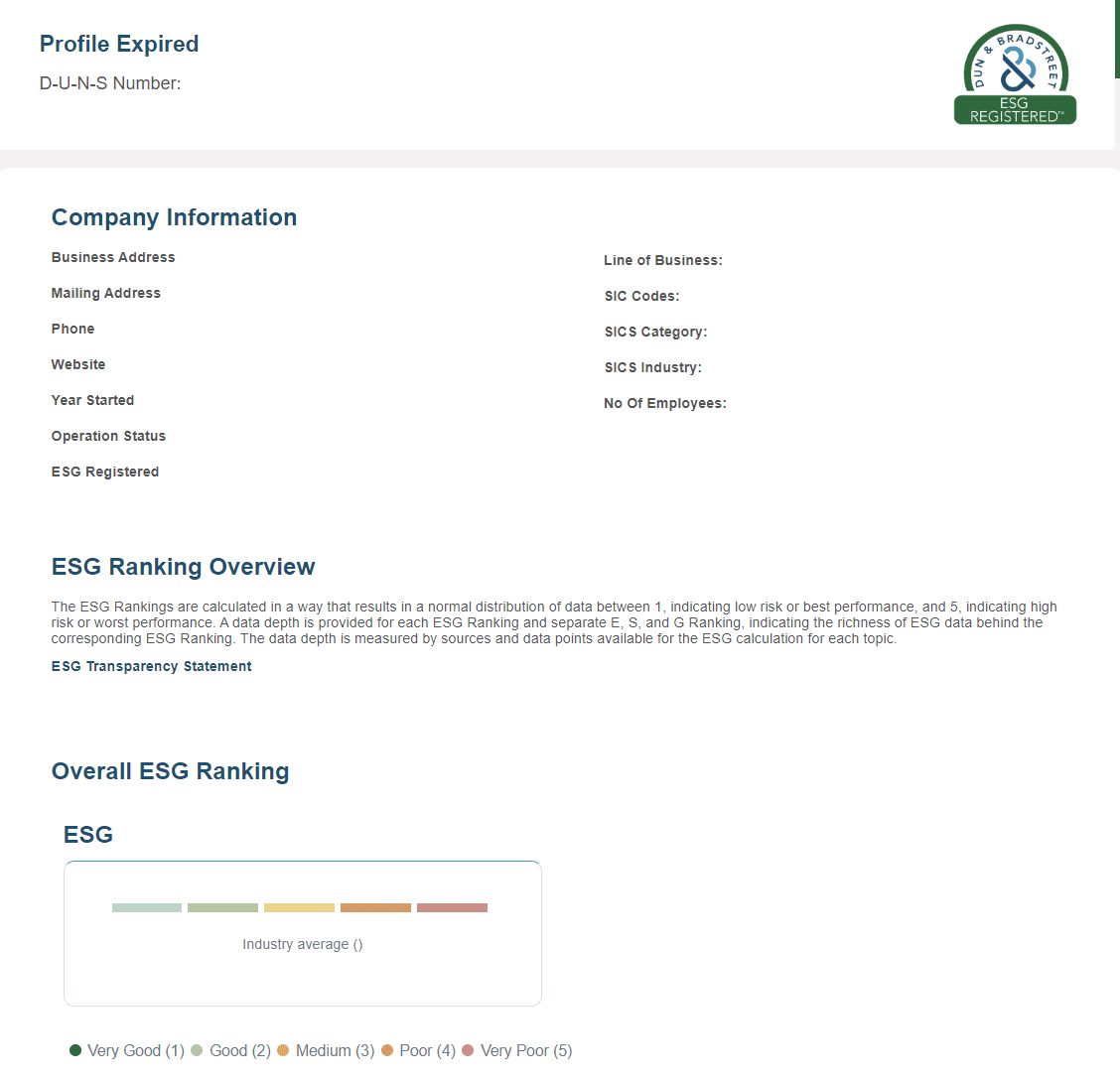 Mẫu hồ sơ D&B ESG Registered với thông tin doanh nghiệp và điểm xếp hạng ESG