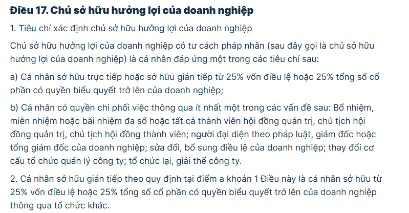 Điều 17 Nghị định 168/2025/NĐ-CP về tiêu chí xác định chủ sở hữu hưởng lợi.