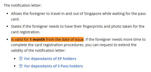 Thời hạn Notification Letter của Dependant’s Pass tại Singapore